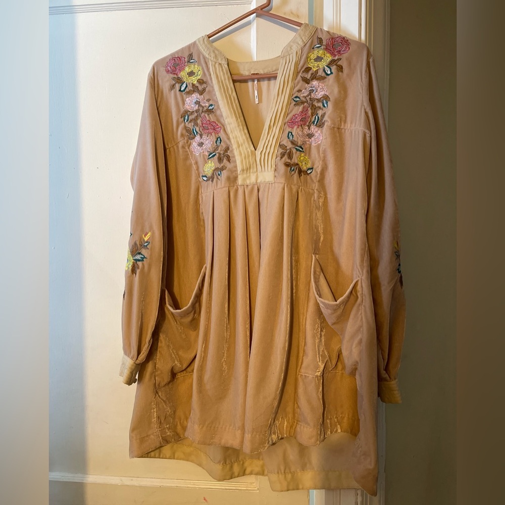 Free People Mia Embroidered Velvet Natural Tunic Dress - Size S
